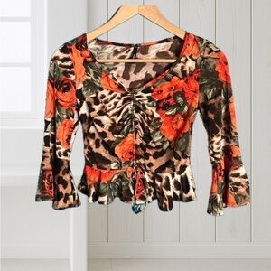 Floral Animal Print Ruched Peplum Top - Orange